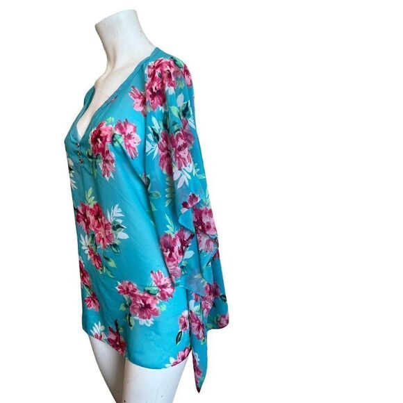 Talbots Womens Small Medium Blue Floral Dolman Sleeve Blouse Sheer Top Oversized - Picture 2 of 6